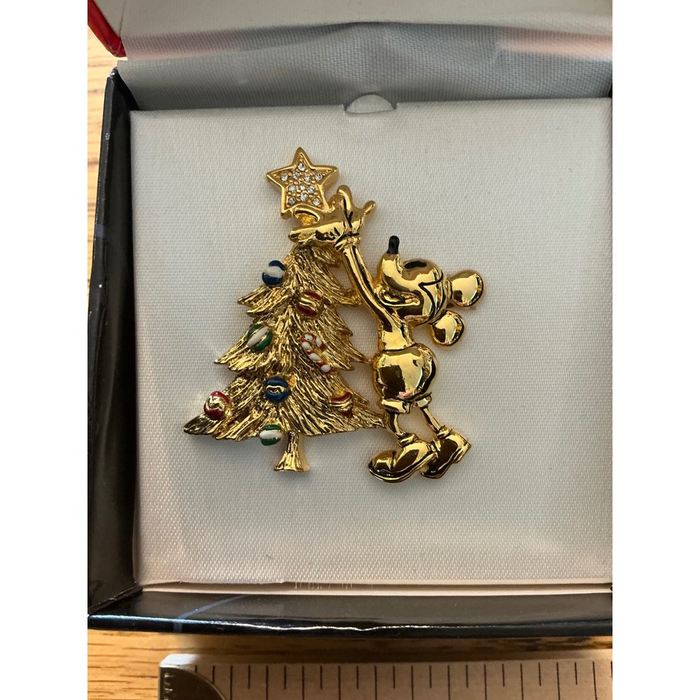 Disney Mickey & Co by Napier Christmas Tree Brooch Gold Tone Enamel Rhinestone